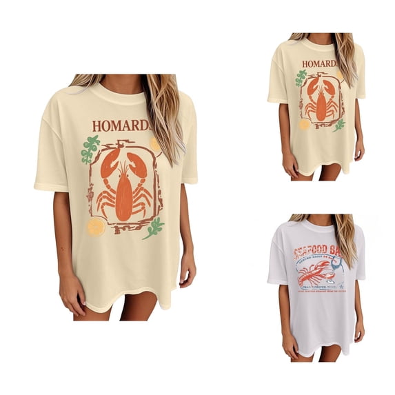 T Shirts for Women Summer Short Sleeve Crewneck Loose Fit Y2k Lobster Graphic Tee Shirt