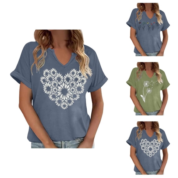 T Shirts for Women Summer Short Sleeve V Neck Casual Wildflower Graphic Tee Shirt Boho Tops
