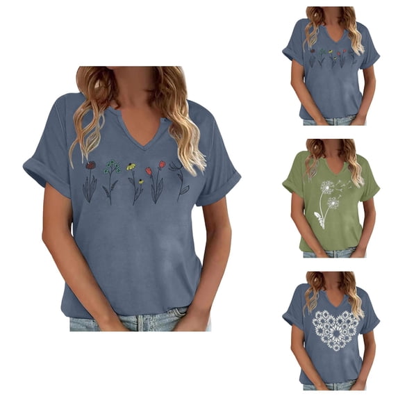 T Shirts for Women Summer Short Sleeve V Neck Casual Wildflower Graphic Tee Shirt Boho Tops