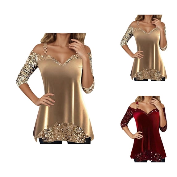 T Shirts for Women Summer Short Sleeve Velvet Sequin Patchwork Cold Shoulder V Neck Dressy Casual Tshirt Night out Tops