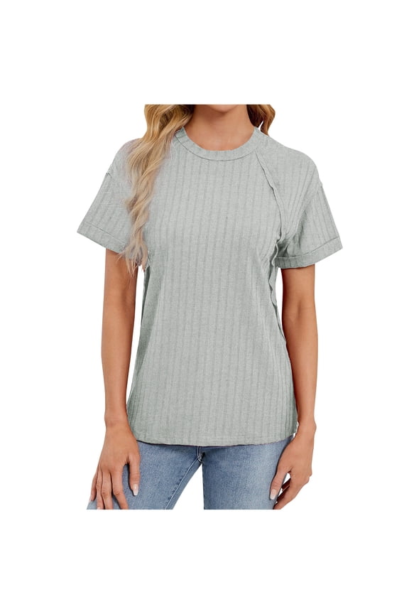 T Shirts for Women Summer Solid Color Round Neck Stripe Short Sleeved Top With Outward Facing