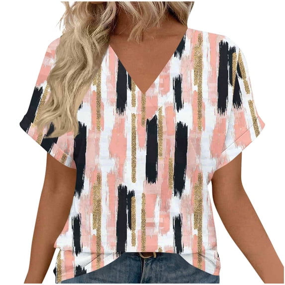 Cloaraye T Shirts for Women Summer V Neck Short Sleeve Shirts Fashion Floral Printed Tunic Top Springs Beach Vacation Clothes