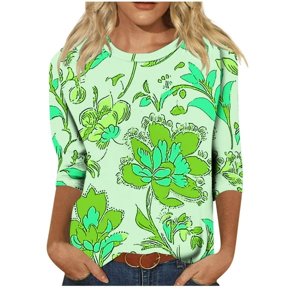 T Shirts for Women Trendy Floral Printed Tshirts 3/4 Length Tops Crew Neck Summer Casual Tee Aesthetic Clothes (2XL, Green)