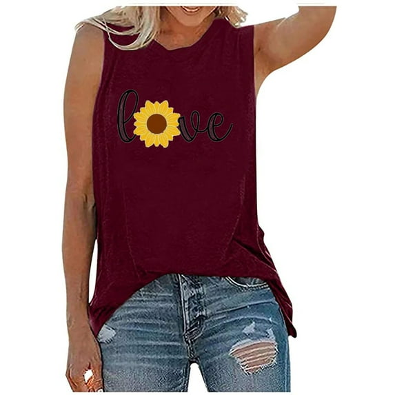 T-Shirts for Women Trendy, Love Flower Print Muscle Tank Top Women Workout Tank Vacation Shirt Casual Letters Print Sleeveless Holiday Shirt