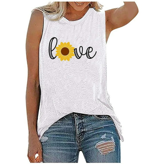 T-Shirts for Women Trendy, Love Flower Print Muscle Tank Top Women Workout Tank Vacation Shirt Casual Letters Print Sleeveless Holiday Shirt