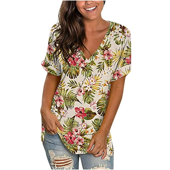 T-Shirts for Women Trendy, Summer Floral Tops for Women Classic V Neck Tshirts Short Sleeve Cute Tops Casual Loose Tunics Blouse