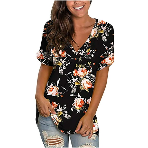 Womens Tops Dressy Casual,Summer Floral Tops for Women Classic V Neck Tshirts Short Sleeve Cute Tops Casual Loose Tunics Blouse