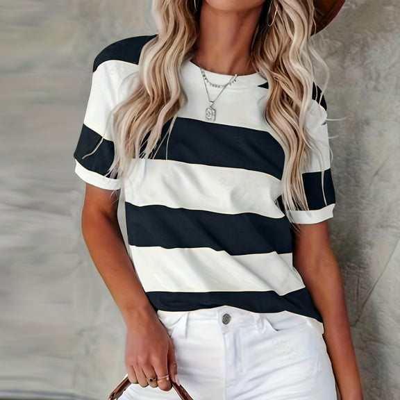 T Shirts for Women Trendy Tshirts Summer New European And American Border Stripe Print Round Neck Short Sleeve Casual T-Shirts Tops