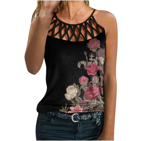 T-Shirts for Women Trendy,Women Summer Floral Tank Tops Loose Casual Sleeveless Tunic Loose Fit Hollow Out Halter Neck Blouse Shirts