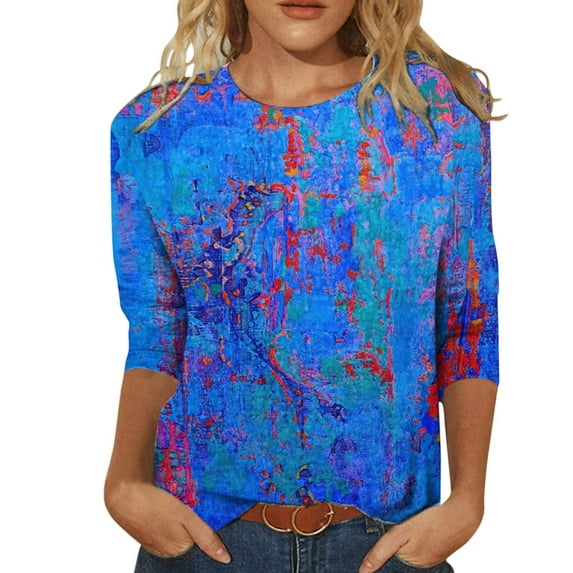 T Shirts for Women Tunic Casual Summer Floral 3/4 Sleeve Round Neckline Floral Printed Loose Side Split Tunic Blue T-Shirts Sizes L