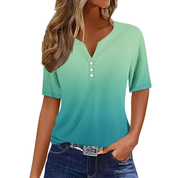 T Shirts for Women V NeckCasual Gradient Color Fashion Shirt Short Sleeved Summer Loose Blouse