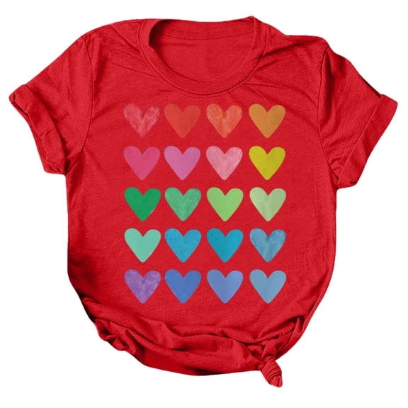 T Shirts for Women Valentine's Day Heart Print Crewneck Short Sleeve T Shirt Women Comfortable Soft Loose Casual Daily Top Red M
