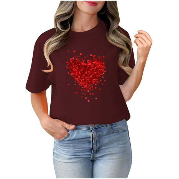 T Shirts for Women Valentine's Day Short Sleeve Love Print Shirts Couples Blouses Round Neck Casual Pullover Tops