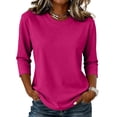 thumbnail image 1 of T-Shirts for Women 3/4 Sleeve Crew Neck Basic Solid Color Tops Soft Cotton Blend Summer Casual Layering Shirts Hot Pink L, 1 of 6