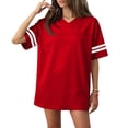 thumbnail image 1 of T-Shirts for Women V-Neck Baseball Oversized Short Sleeve Sporty Jersey Tops Loose Fit Side Split Tee with Striped Sleeves Red L, 1 of 7