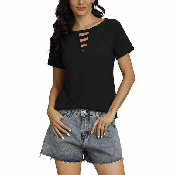 T Shirts for Women with Pockets V-Neck Women Blouse Holes Short Sleeve Loose Summer Pullover Tops