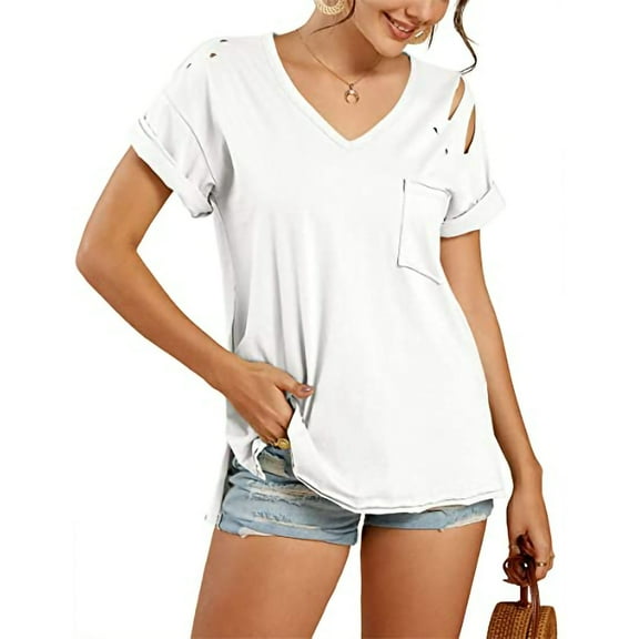 T Shirts for Women with Pockets V-Neck Women Blouse Holes Short Sleeve Loose Summer Pullover Tops