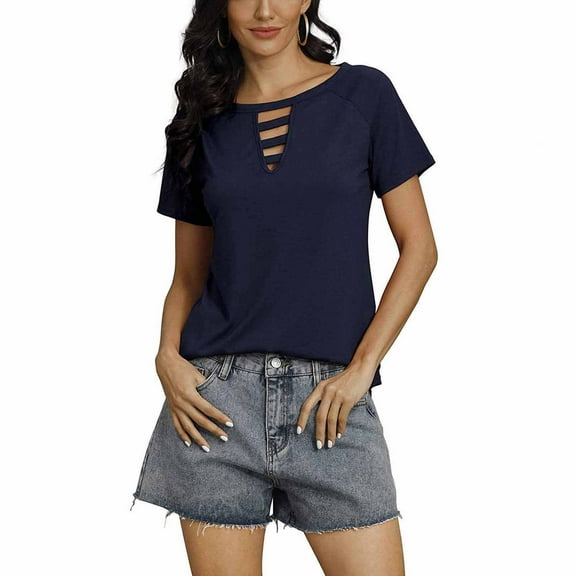 T Shirts for Women with Pockets V-Neck Women Blouse Holes Short Sleeve Loose Summer Pullover Tops
