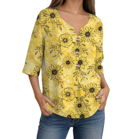 T Shirts for Womens Half Sleeve V-neck Tees Flower Print Button Detail Casual Summer Floral Tops White XL