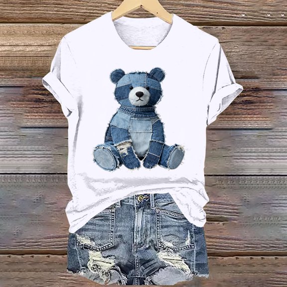 T-Shirts for Womens Summer Clothing Fashion Denim Patchwork Printing Short Sleeve Shirts Solid Loose Round Neck Blouses Pullover