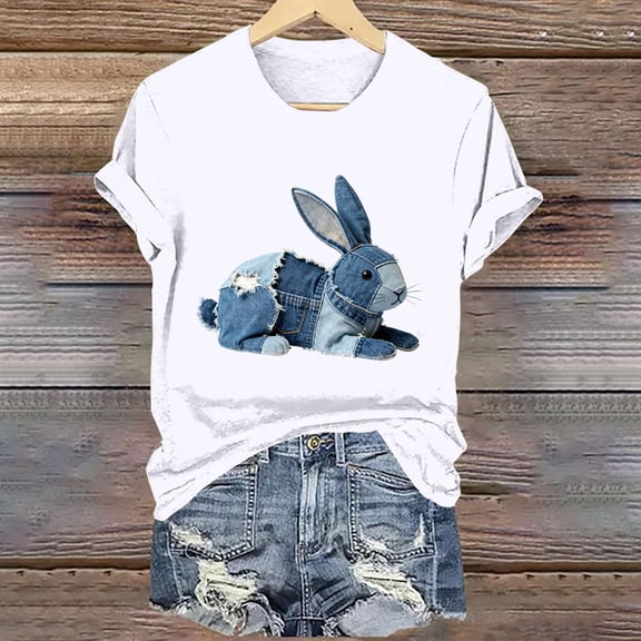 T-Shirts for Womens Summer Clothing Fashion Denim Patchwork Printing Short Sleeve Shirts Solid Loose Round Neck Blouses Pullover