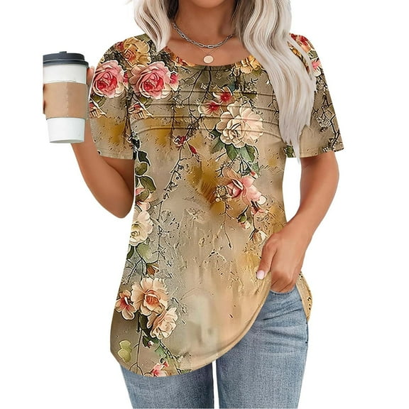T-Shirts for Womens Summer New Fashion Floral Prints Top Loose Round Neck Chest Pleated Shirts Womens Casual Short Sleeve Blouses Pullover Tops