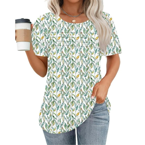 T-Shirts for Womens Summer New Fashion Floral Prints Top Loose Round Neck Chest Pleated Shirts Womens Casual Short Sleeve Blouses Pullover Tops