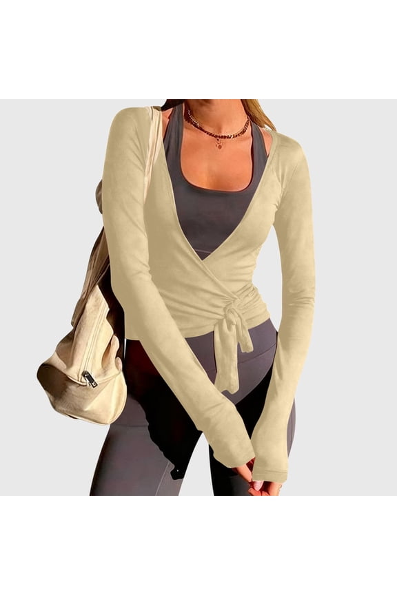 T Shirts for Womens Wrap Tie Top Workout Yoga Ballet Shirt Casual Sports Long Sleeve V Neck Slim Fit Blouse Tops Womens Fashion Top Shirts