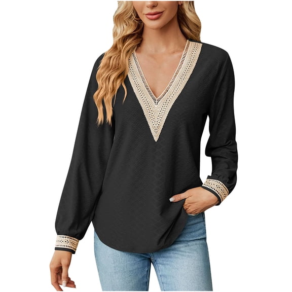 T-Shirts for women's Fashion V-Neck Lace Long Sleeve Loose T-Shirt Womens Fashion Tops