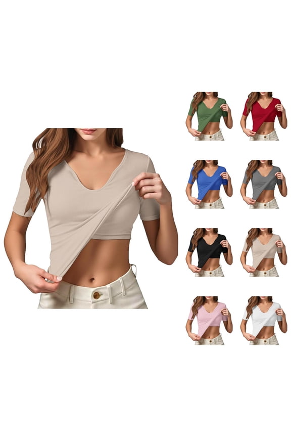 T Shirts with Build-in Bra for Women 2026 Summer Short Sleeve V Neck Slim Fit Basic Plain Tshirt Undershirts