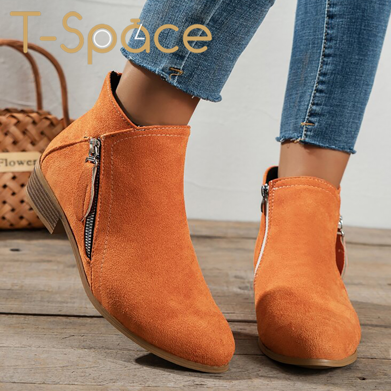 TSpace Women's Suede Leather Boot Fall Dressy Ankle Shoes Side Zipper