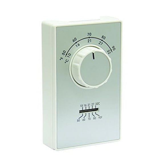 TPI Corporation ET9STS, Single Pole Wall Mounted Line Voltage Thermostat, Heating Only, 50-90 Degree Temp Range, Thermometer on Face Plate, White w/Silver Face