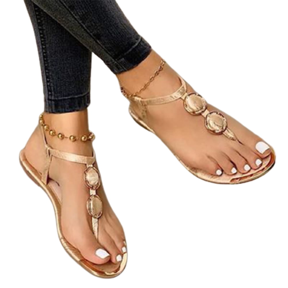 2021 Gold Flats Thong Bare Sandals Women Summer Flat Strappy Beach Shoes  Ladies Toe Ring Sandals