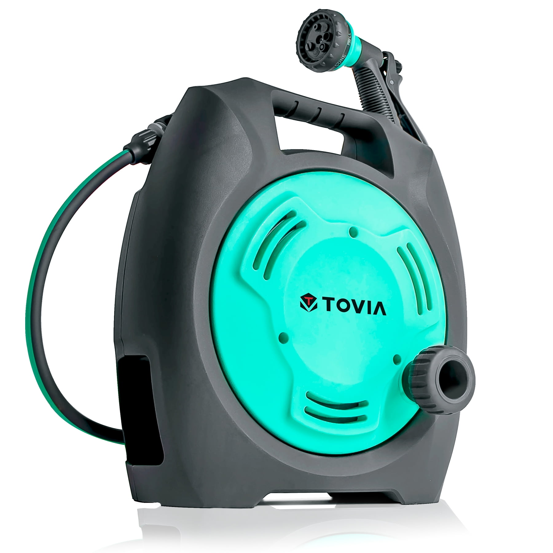 T TOVIA Wall Mounted Hose Reel, 3/8" 44 FT Retractable Garden Hose Reel, Household Water Pipe Storage Rack Cart with 7 Pattern Hose Nozzle for Garden Watering, Car Washing