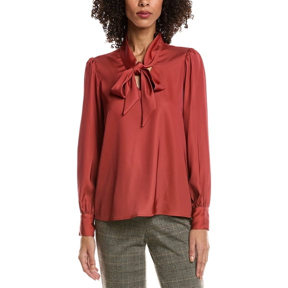 T Tahari womens Bow Neck Tie Blouse, XL, Brown