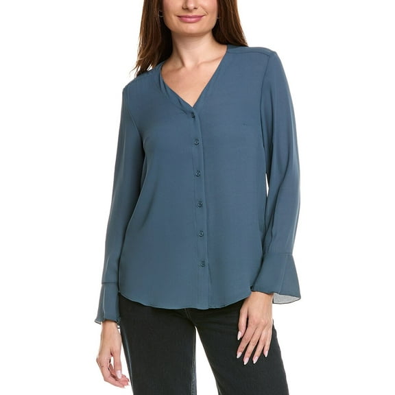 T Tahari womens Button Front V-Neck Blouse, l