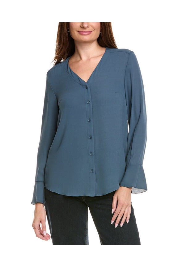 womens Button Front V-Neck Blouse, m, Blue