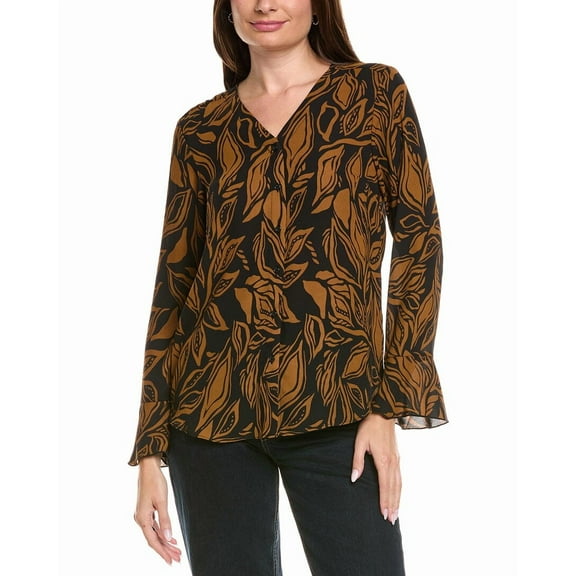 T Tahari womens  Button Front V-Neck Blouse, xs, Black