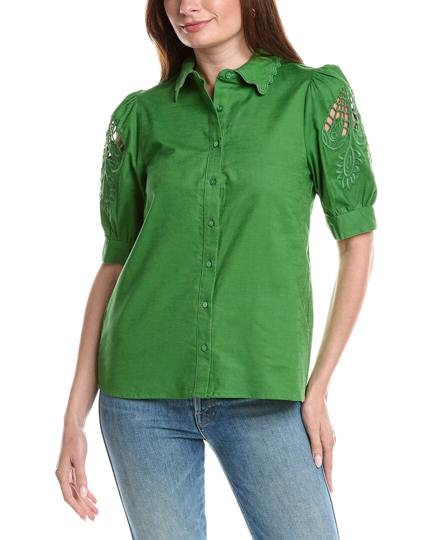 T Tahari Embroidered Sleeve Linen-Blend Blouse Women’s