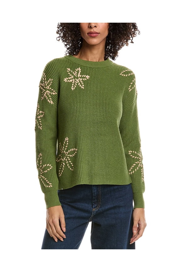 womens Flower Embroidery Sweater, xs, Green