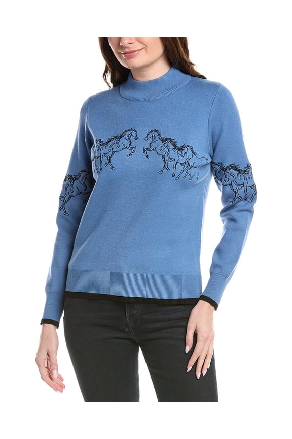 womens Horse Embroidery Sweater, l, Blue