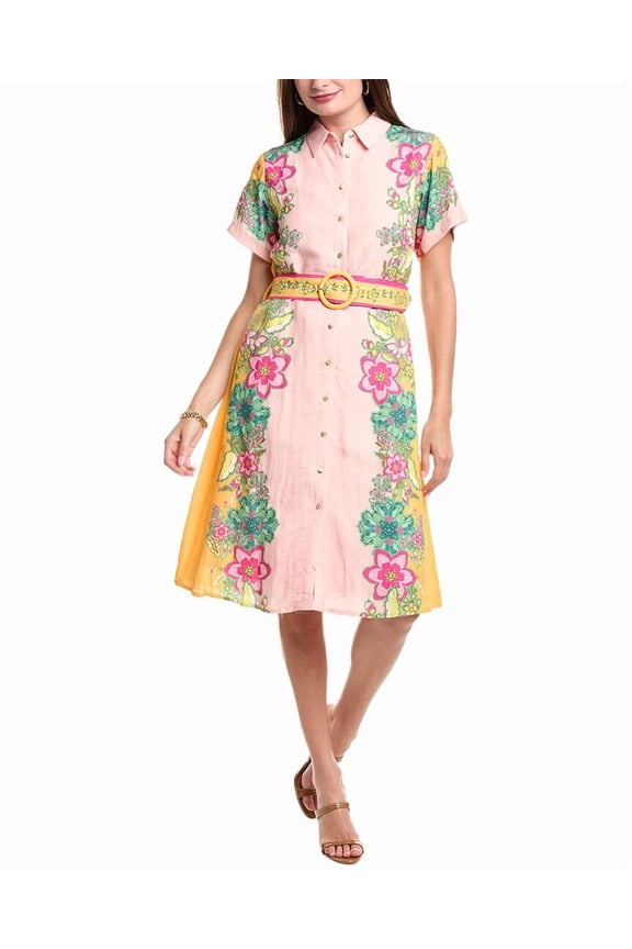 womens Linen-Blend Midi Dress, 6, Pink