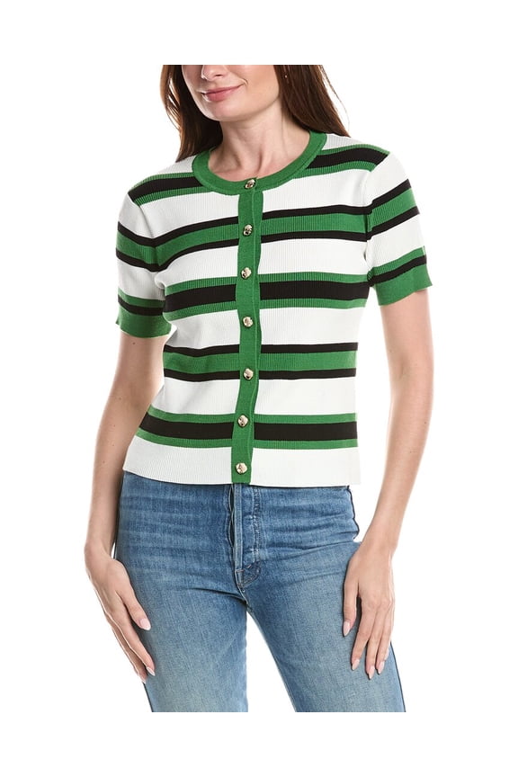 womens Pointelle Rib Striped Button Front Top, s, Green