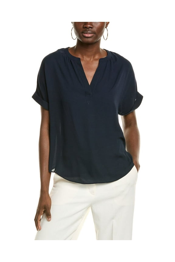 womens  Split Neck Rolled Cuff Blouse, xs, Blue