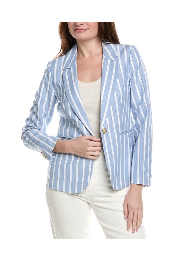 womens Stripe Linen-Blend Blazer, 6, White