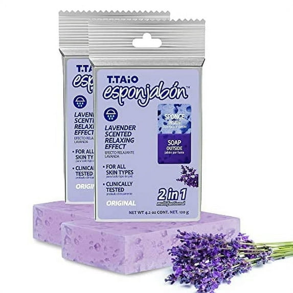 T.Taio Soap-Infused Sponge – Lavender – 2-in-1 Exfoliating Body Cleanser – 4.2 oz Each, 2 Pack – For All Ages