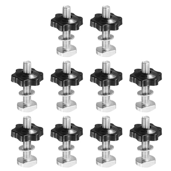 T Track Bolts Knob Kit, 10 Set M8 x 45mm x 32mm Threaded Bolts with Washers and 6-Star Knobs Nuts T Track Accessories for Woodworking Jigs and Fixtures, Silver Black