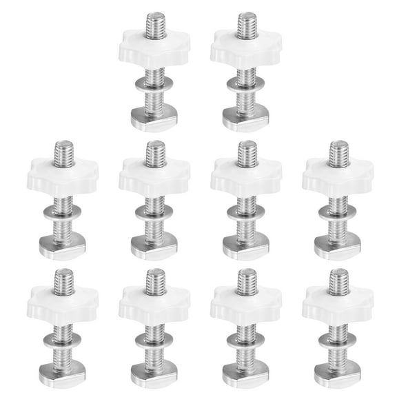 T Track Bolts Knob Kit, 10 Set M8 x 45mm x 32mm Threaded Bolts with Washers and 6-Star Knobs Nuts T Track Accessories for Woodworking Jigs and Fixtures, Silver White