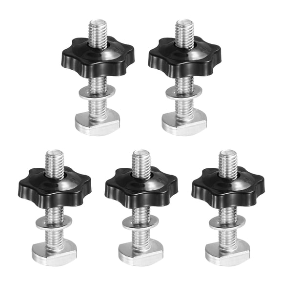 T Track Bolts Knob Kit, 5 Set M8 x 45mm x 32mm Threaded Bolts with Washers and 6-Star Knobs Nuts T Track Accessories for Woodworking Jigs and Fixtures, Silver Black