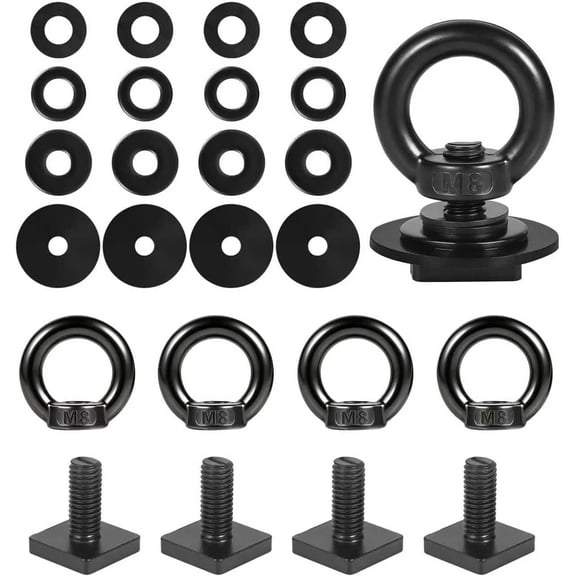 T Track Mount Tie Down Anchor for Roof Rack, M8 Heavy Duty Ring Shaped Eye Bolt, Stainless Steel T Bolt Eye Nut Tie Down Rings for Holding Bungee Cord, Ropes, Hooks(Black, 4 Pack)